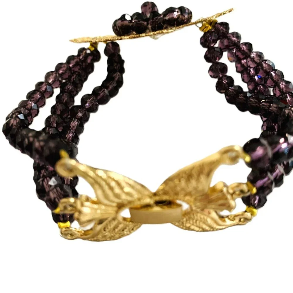 Bracelet Cuff Gold Purple Filigree Flower Triple Strand Beads Glamour 1980s